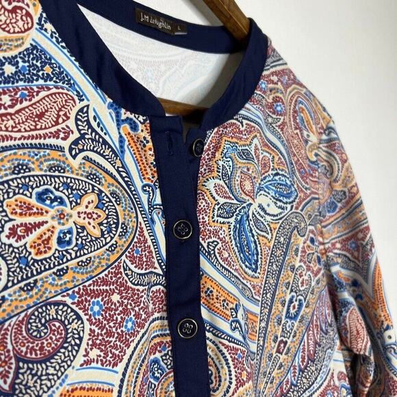 J McLaughlin Blue Paisley Stretch Half Sleeve Blouse Shirt Size Large Women’s - Picture 3 of 11